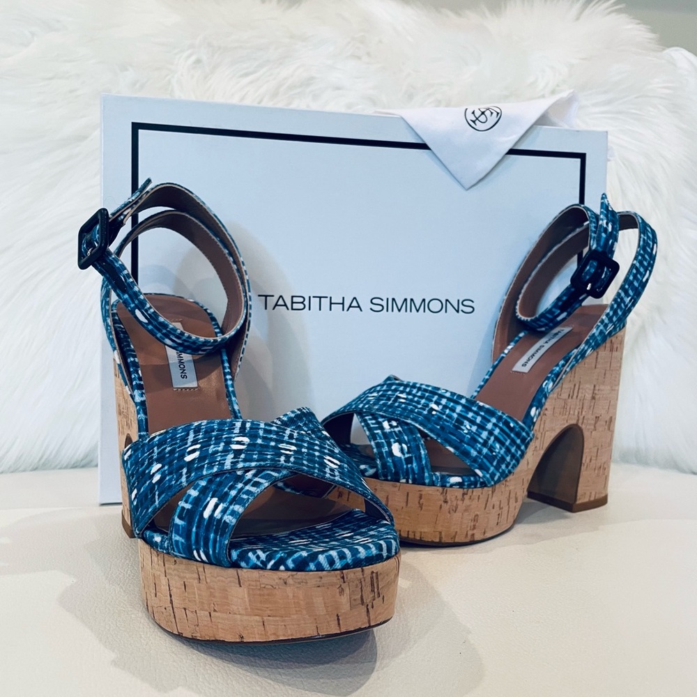 TABITHA SIMMONS gingham Elena blue NWT check cork platform volley 37 and 38.5